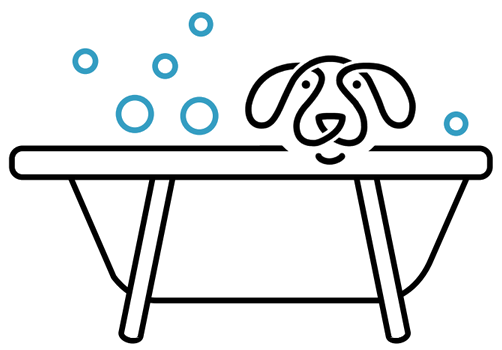 Bush Bubbles grooming logo: the Bush Kennels dog relaxing in a bath with blue bubbles